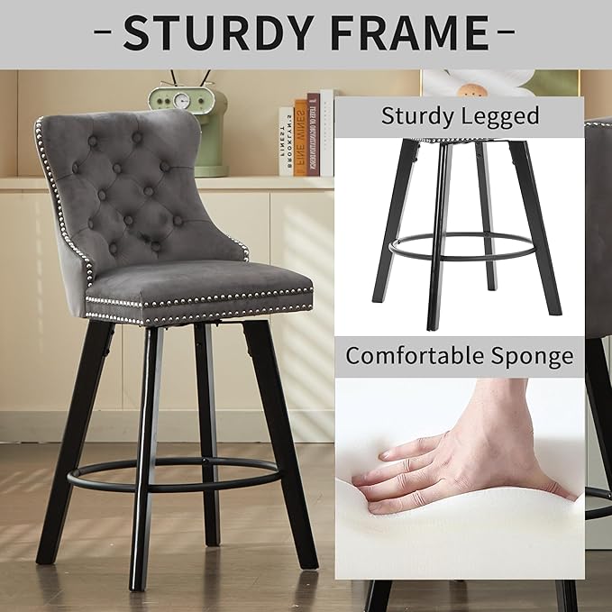 YISHENG Modern Swivel 27" H Seat Set of 2 Velvet Barstools with Backrest and Footrest,Button Tufted Rivet Trim Dining Room Chairs with Metal Pull Ring for Kitchen Island,Bistro, Home Bar,Gray