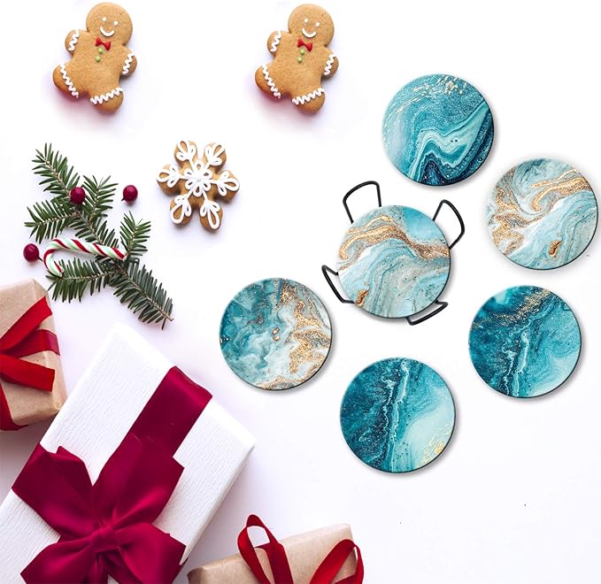 Dooke Coasters for Drinks, Round Absorbent Ceramic Stone Coasters Set of 6 with Cork Base,Funny Coaster with Holder for Cold Drinks Wine Mugs and Cups Tabletop Protection, 4 Inches,Teal Marble