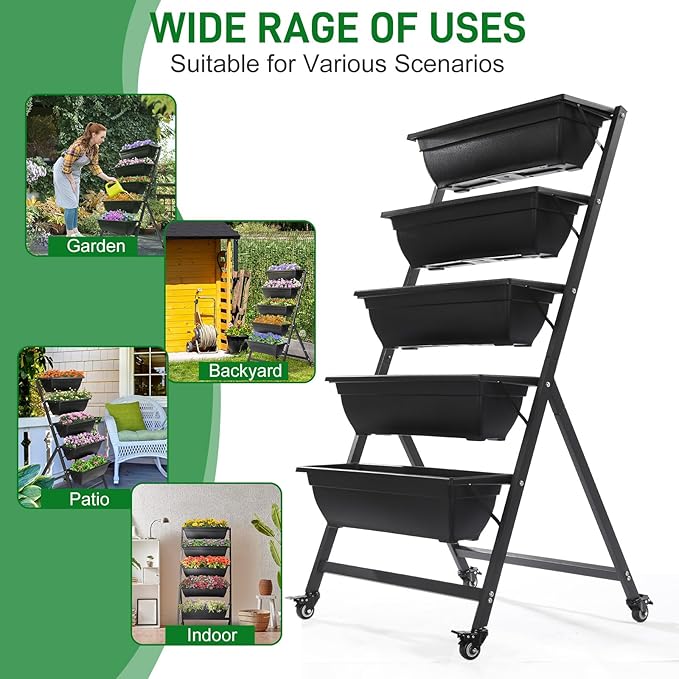 Outvita 4.4 FT Vertical Garden Bed, 5 Tier Vertical Raised Planter, Removable Black Raised Bed Box with 4 Wheels, Movable Elevated Vegetable Flower Planter for Patio Yard Indoor Outdoor