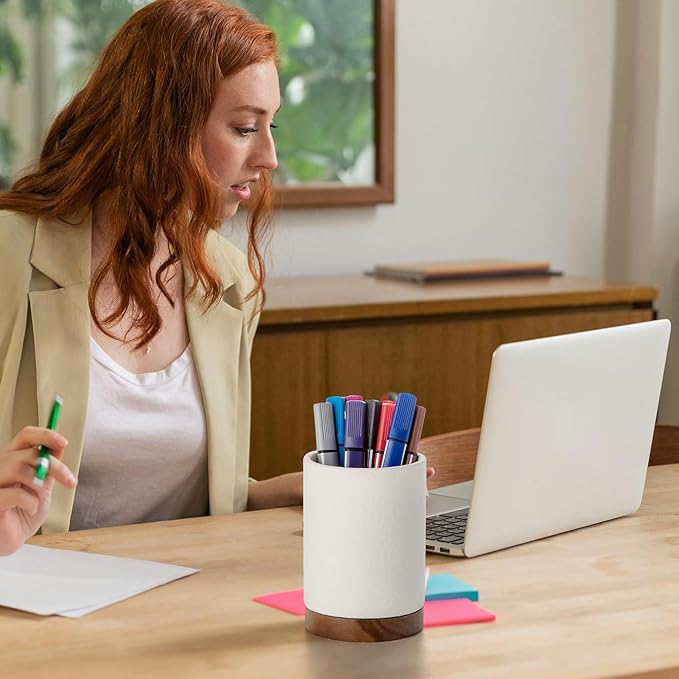 Pen Holder for Desk, Ceramic Pencil Organizer & Makeup Brush Holder, Office Decor and Desk Accessories,Perfect Office Organization,Teacher Supplies (White, Set / 1)