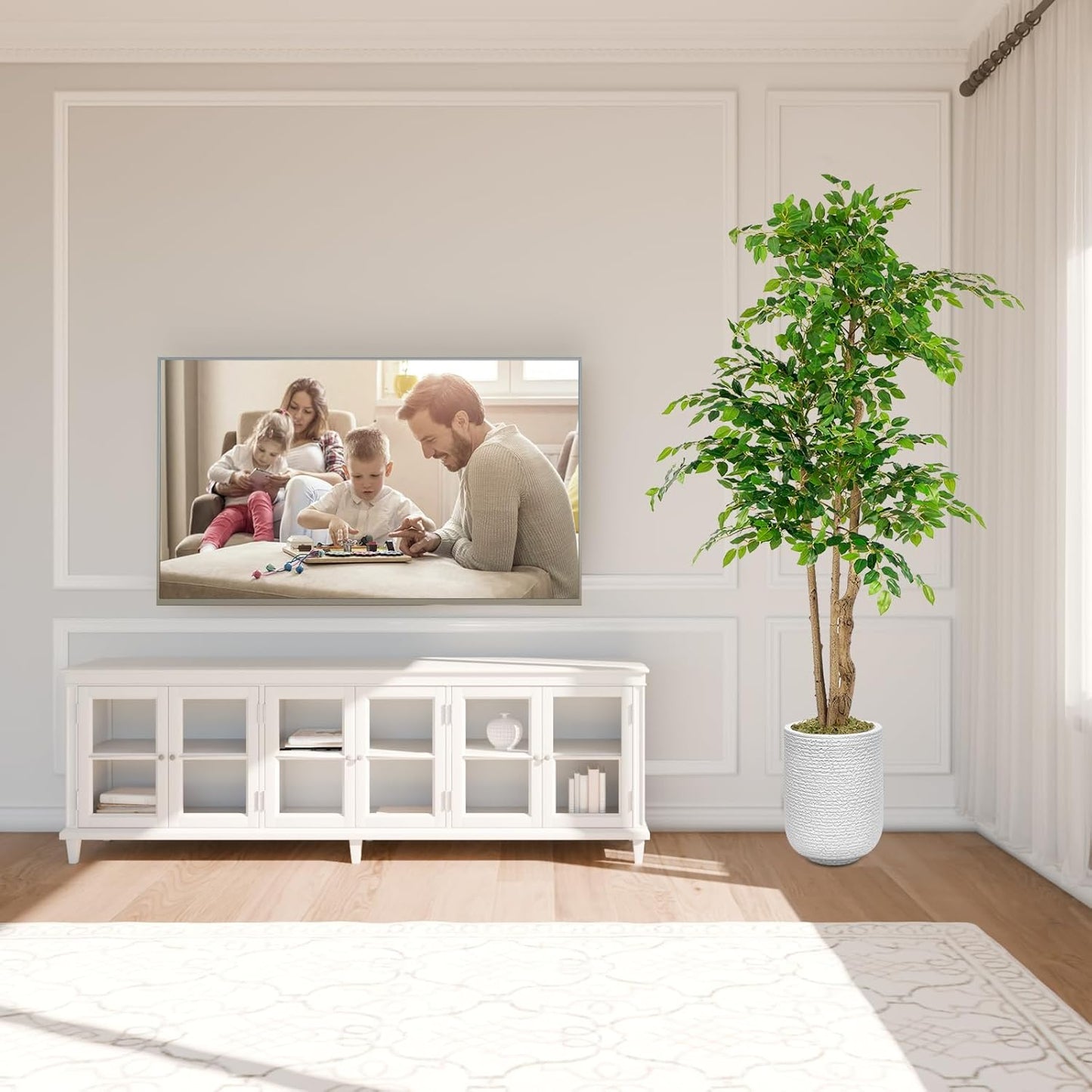 Ficus Tree Artificial with 3 Trunks, 6ft Fake Ficus Tree in White Magnesium Pot, Tall Artificial Tree Potted Plant for Indoor Outdoor Home Office Living Room Patio Bedroom Decor