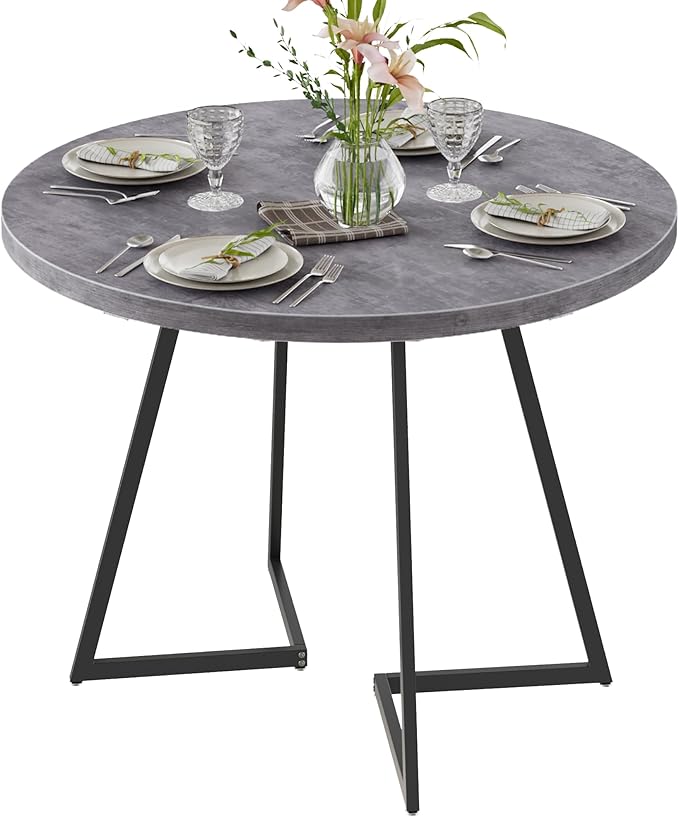 VECELO 35" Round Dining Table for 4, Wood-Grain Tabletop & Heavy-Duty Steel Frame, for Kitchen, Living Room, Easy Assembly, Dark Grey