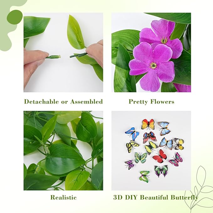 BLEUM CADE Artificial Hanging Flowers for Outdoors, 4pcs Fake Hanging Plants Pothos Vines with Purple Flowers for Wall Home Living Room Indoor Outdoor Decor (No Baskets)