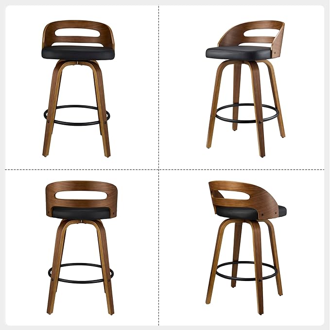 Swivel Bar Stools Set of 2, 26 Inch Counter Height Chairs with Walnut Wood Frame and Black Leather, Low Back, Footrest & Easy-Clean Design for Kitchen, Bar, or Dining Area