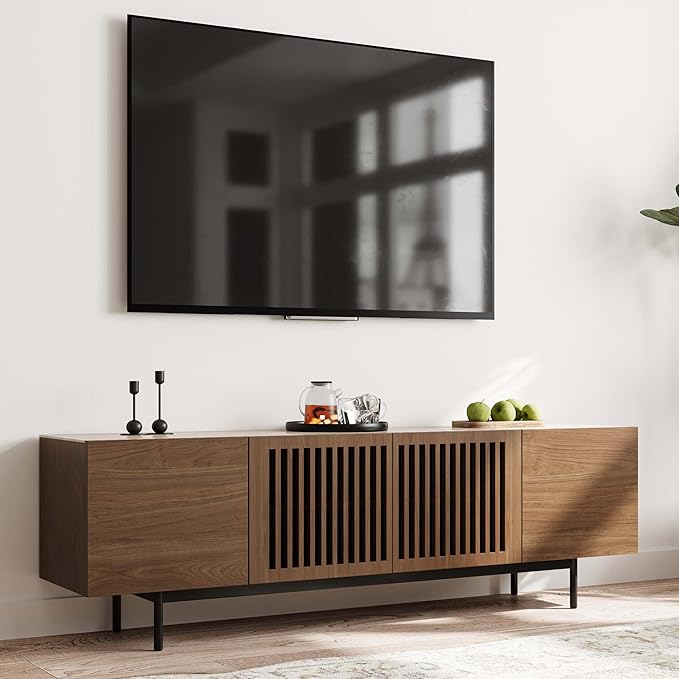 POVISON Mid Century Modern Sintered Stone TV Stand, Slatted Media Console TV Cabinet with Tall-cast Metal Legs, Fluted Entertainment Center with Storage, Fully-Assembled (Walnut, 70.87")