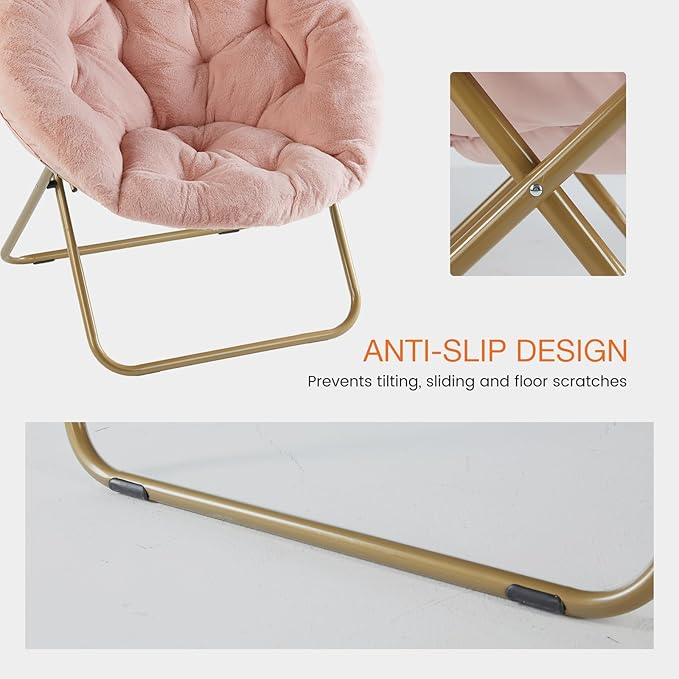NEWBULIG Comfy Saucer Chairs Soft Lounge Cute Folding Bedroom Living Room Seat Flexible Reading Foldable Seating for Adults Thick Padded Metal Frame Modern for Home Office Pink
