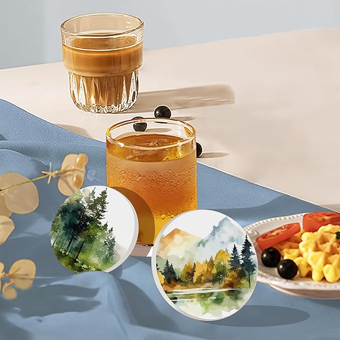 Table Coaster for Drinks Set of 6, Watercolor Misty Forest Round Ceramic Coasters,with Cork Base and Metal Holder,Great Housewarming Birthday Gifts,Home Decor
