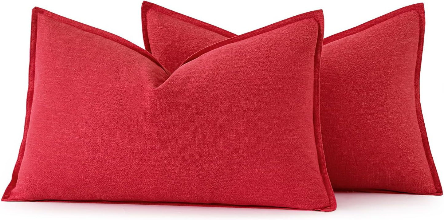 MIULEE Decorative Linen Lumbar Pillow Covers 12x20 Inch Red Boho Farmhouse Neutral Couch Throw Pillows for Bed Pack of 2 Accent Modern Pillowcase Sofa Livingroom Home Decor