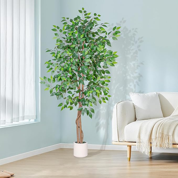 5FT Artificial Ficus Tree with White Planter, Realistic Faux Silk Indoor Outdoor Plant for Home Office Living Room, Porch, Garden Decor