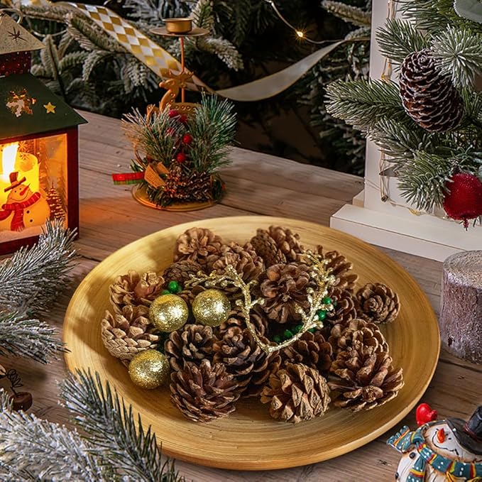 Qingbei Rina Bowl Fillers Vase Fillers, Natural Pinecones for Crafts,Medium Rustic Pine Cone Ornaments with Golden Balls&Berries, Holidays Farmhouse Home Decor