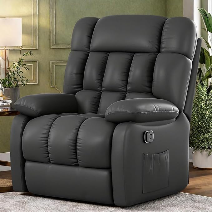 Oversized Recliner Chair, Leather Adjustable Recliner with Side Pockets, Living Room Reclining Lounge Chair for Adults, Small Spaces Comfy Sofa with Theater Seating for Bedroom, Black
