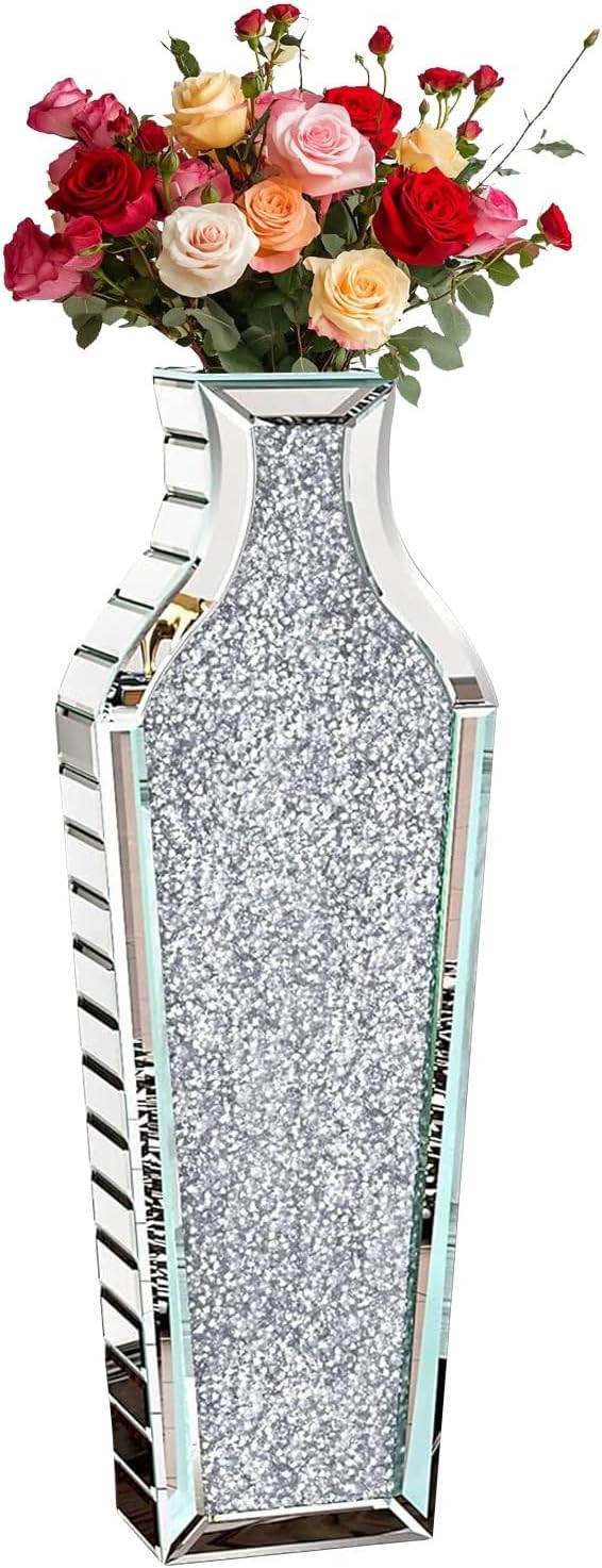 Flower Vase Crushed Diamond: Crystal Silver Mirror Vase Geometric Decorative Vases Large Bling Glass Mirrored Decor for Luxury Home Centerpieces, Won't Hold Water