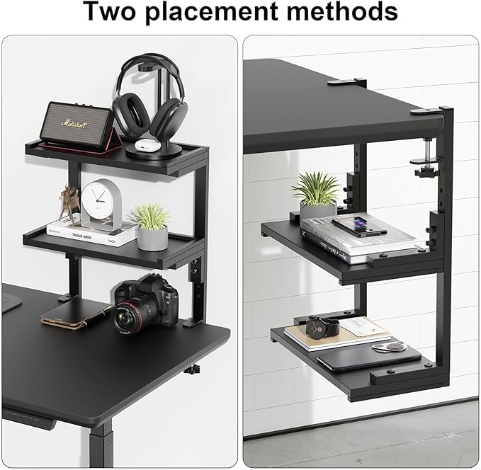 2-Tier Desk Shelf, Expandable Under Desk Storage, Clamp on Desk Shelf, Desktop Accessories for Offices, Study Rooms, and Game Rooms (Black)