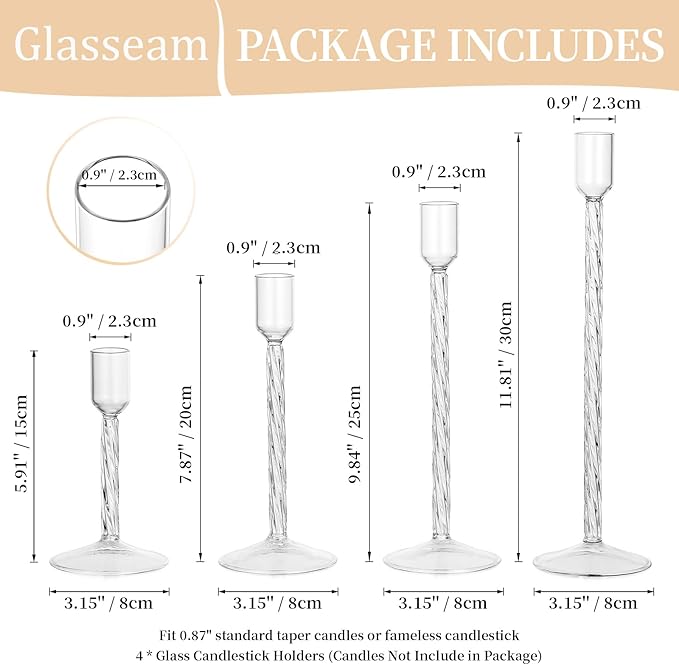 Glasseam Glass Candlestick Holders Clear: Taper Candle Holders Set of 4 Tall Candle Stick Candle Holder for Tapered Candles Decorative Candle Holders for Table Centerpiece Wedding Christmas Home Decor