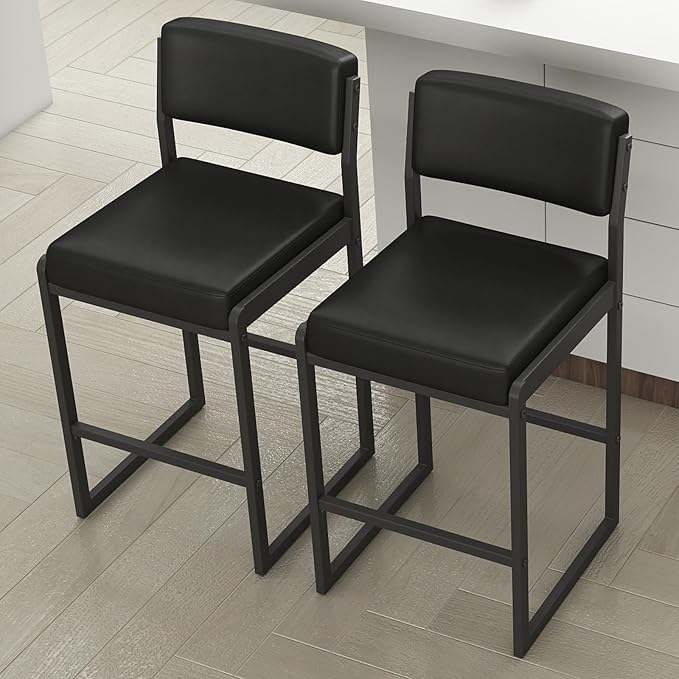 Mid Century Modern Counter Height Bar Stools Set of 3, 26" Bar Height Chairs with Backs, Upholstered Counter Stools, Metal Barstools for Kitchen Island (Black- Faux Leather, 26"H - Set of 2)