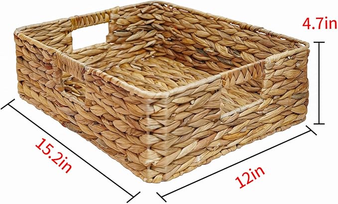 Rectangular Water Hyacinth Storage Baskets, Wicker Storage Baskets for Shelves, Square Shallow Basket, Woven Drawer Basket With Handle, 15.2” L x 12” W x 4.7” H
