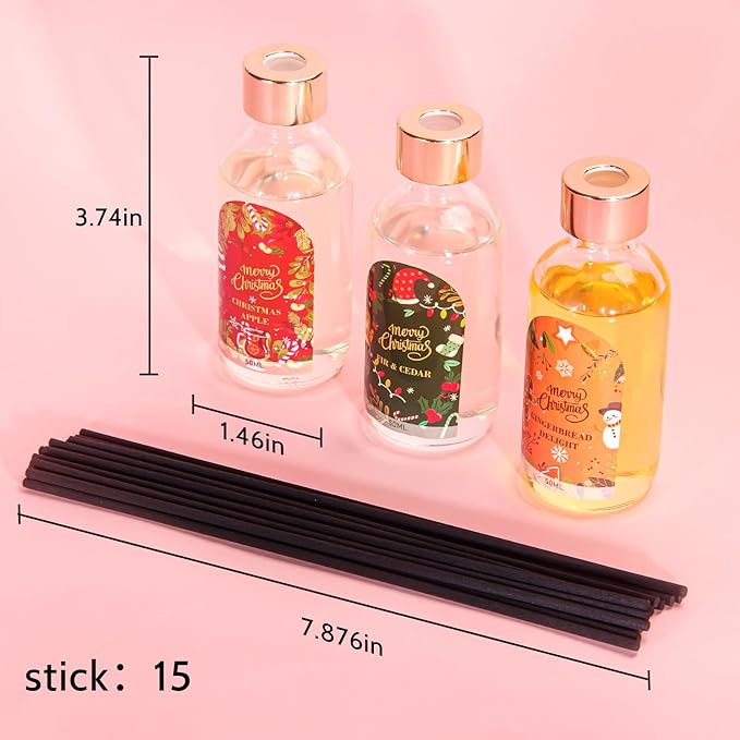 Reed Diffuser of 3 Pack, Fir & Cedar Gingerbread Delight Christmas Apple Oil Diffuser Set with 15 Sticks, Bathroom Air Freshener, Aromatherapy Reed Diffusers for Home, Office, Gift, Total 5.1 Fl. Oz