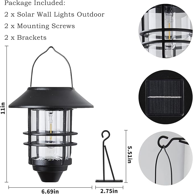2 Pack Solar Lights Outdoor Lanterns,Waterproof Hanging Solar Lights Lantern Glass Metal with Wall Mount Kit, Garden Lanterns Solar Powered for Outdoor, Fence, Front Porch Exterior Lighting