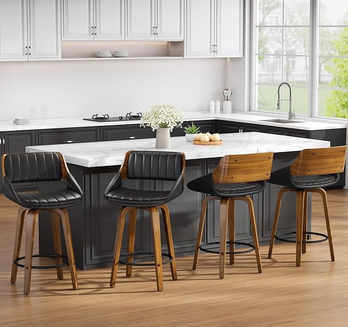 Bar Stools Set of 1, 26" Swivel Counter Height Barstools with Walnut Bentwood Back and Legs, Mid-Century Modern Faux Leather Upholstered Bar Chairs for Kitchen Island, Café, Dining Room, Black