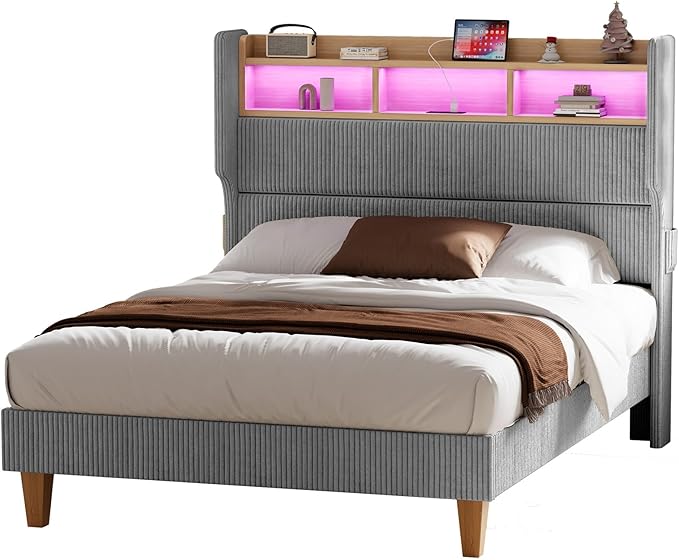 Full Size Bed Frame with 51" Tall Corduroy Wingback Headboard and Storage Shelf, Upholstered Platform Bed with LED Lights & Charging Station, No Box Spring Needed, Easy Assembly, Grey