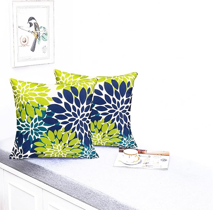 Decorative Throw Pillow Covers Set of 2 Blue Green Pillow Covers 16x16 Inch Couch Pillow Covers for Sofa Living Room Outdoor Throw Pillow Cover Linen Floral Flower Farmhouse Pillowcase
