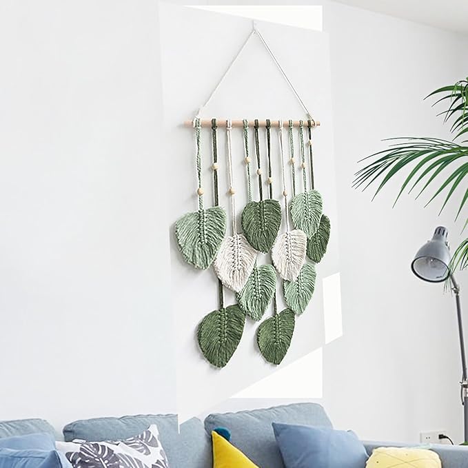 MSFENG Wall Hanging Decor Leaves Tapestry Boho Wall Decor Woven Feather Handmade Yarn Tassels Woven Wall Art Decorations for Nursery, Bedroom, Living Room, Apartment Home Backdrop (LightGreen)