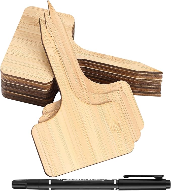 70Pcs Bamboo Plant Labels with 1 Marker Pen, T-Type Natural Seedling Nursery Sign Tags, Wood Garden Markers Decorative Patio Tags for Outdoor Indoor Potted Plants Herbs Flowers Vegetables