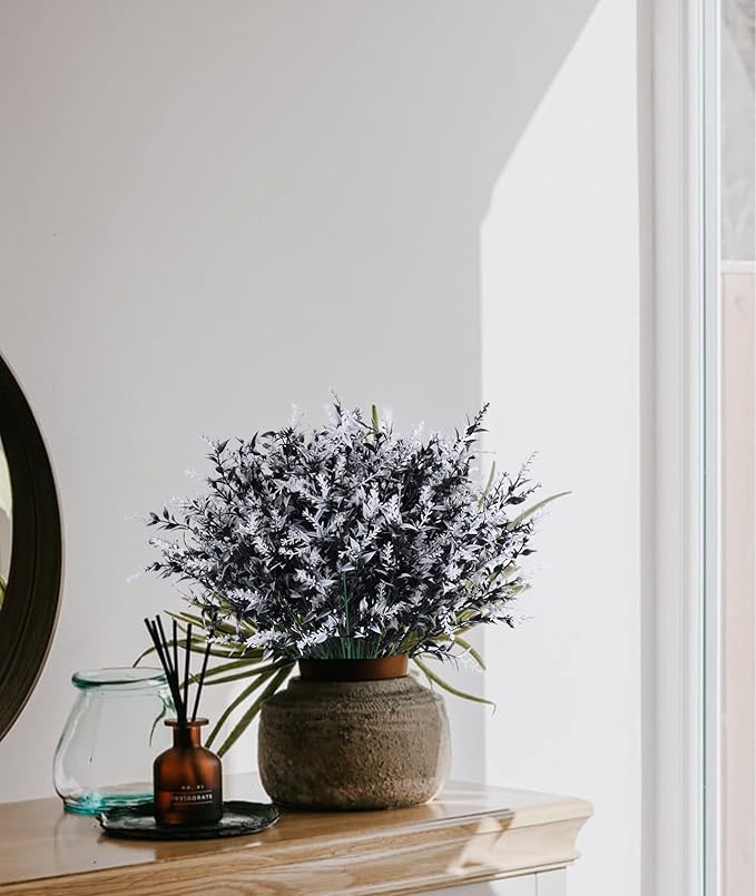 RECUTMS Black Flower,Black Decor,20 Bundles Artificial Flowers Fake Outdoor Plants Faux UV Resistant Lavender Flower Plastic Shrubs Indoor Outside Hanging Decorations (Black+White, 20 Bundles)