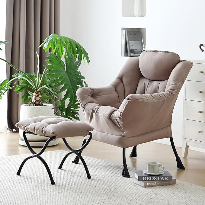 Welnow Lazy Chair with Ottoman, Modern Reading Lounge Accent Chair with Armrests and a Side Pocket, Leisure Upholstered Lazy Sofa Set with Footrest for Small Space, Khaki