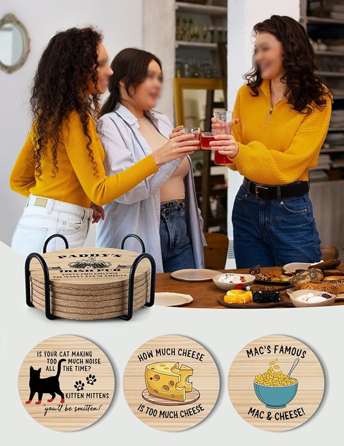 Funny Sunny in Philadelphia Coasters for Drinks - Always Sunny in Philadelphia Merch Coasters Set of 6 with Holder, Always Sunny TV Show Themed Coaster Gifts for Women Fans