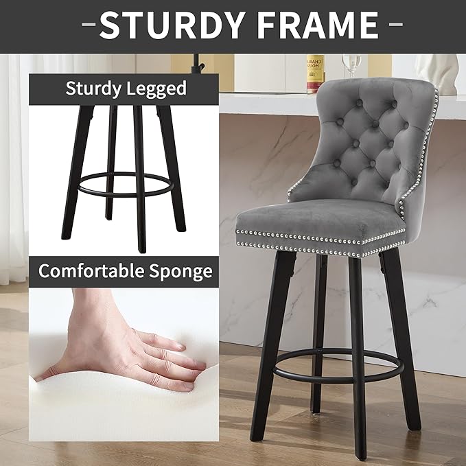 YISHENG Modern Swivel 27" H Seat Set of 6 Velvet Barstools with Backrest and Footrest,Button Tufted Rivet Trim Dining Room Chairs with Metal Pull Ring for Kitchen Island,Bistro, Home Bar,Gray