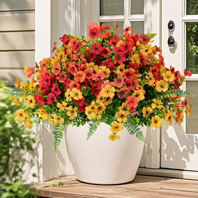 Artificial Fake Fall Mums Flowers Plants Outdoor,18 Bundles Faux Plants Outside No Fade Plastic UV Resistant for Front Door Porch Patio Balcony Garden Yard Decorations