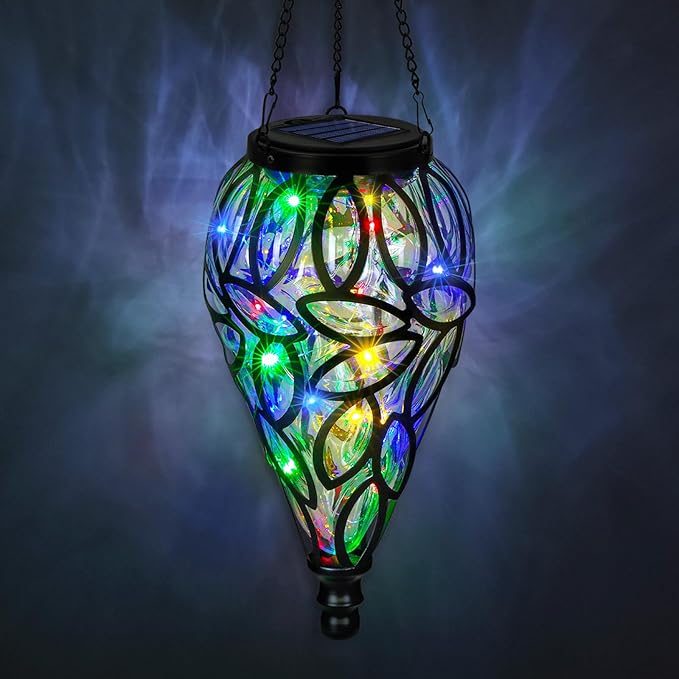 Solar Hanging Lantern Outdoor Lights, Tear-Shaped 15 LEDs Multi-Color Hanging Lights with S Hooks Decor in Garden, Yard, Pathway, Front Door and Landscape