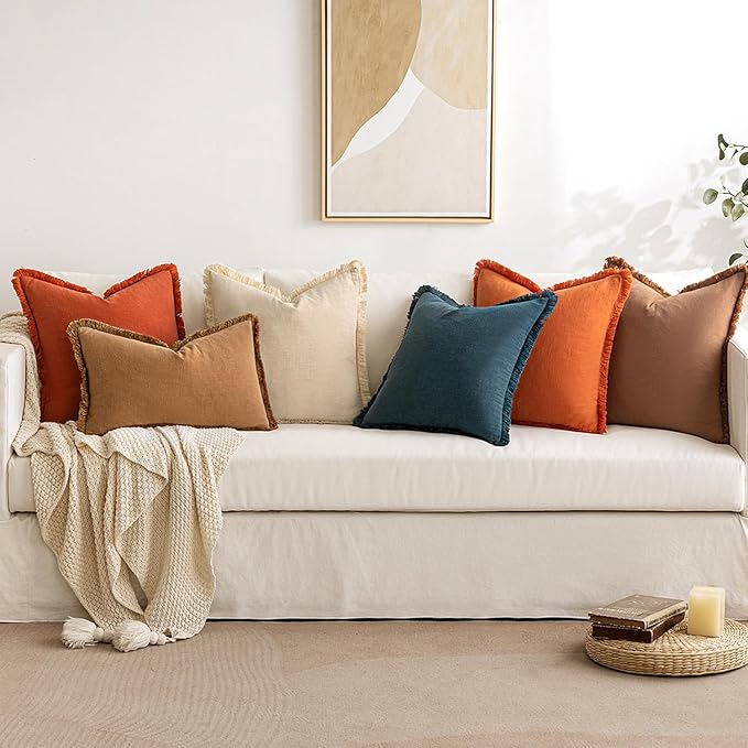 MIULEE Decorative Throw Pillow Covers Neutral Linen Fringe Throw Pillows Set of 2 Orange Boho Farmhouse Cushion Covers with Tassels for Couch Sofa Bed Living Room Spring Home Decor 18x18 Inch