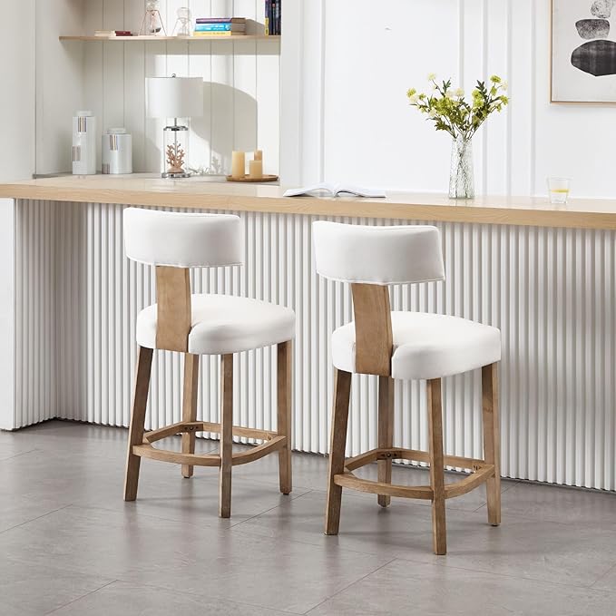 Linen Bar Stools Set of 2, Upholstered 27.7'' Counter Height Barstools with Curved Back, Farmhouse Wood Bar Chairs for Breakfast, Kitchen Island, Cafe, Cream