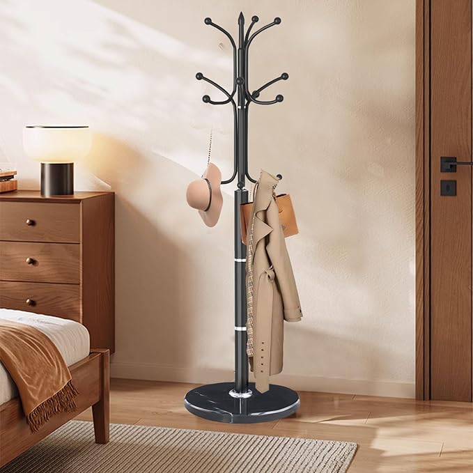 Modern Metal Coat Rack Stand, Coat Rack Freestanding with Natural Marble Base, Sturdy Heavy Duty Coat Racks with 12 Hooks, Black Coat Hall Tree Stand for Entryway, Office (12 HOOKS-Black)