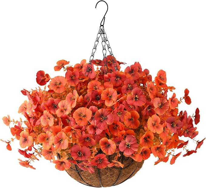 INQCMY Artificial Fall Flowers for Outdoor, 12 Bundles Faux Pansy Fake Mums Flowers Plants Outdoor Fall Decor, UV Resistant No Fade Silk Flower for Porch Planter Patio Yard Garden(Orange Autumn Red)