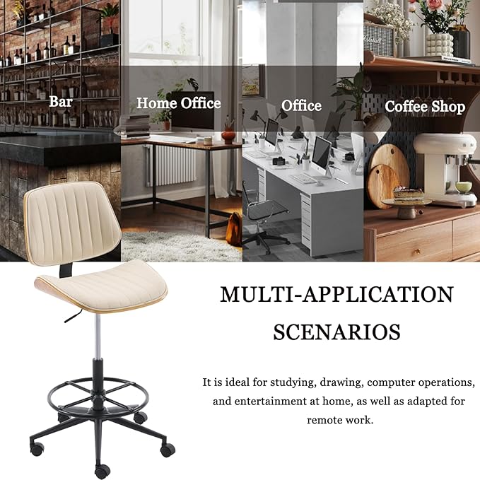 Drafting Home Office Chair, Swivel Desk Chair with Bend Wood Backrest, Ergonomic Office Chairs with Adjustable Height and Footrest Ring for Bar Lab Counter Height Desk and Drawing, Ivory