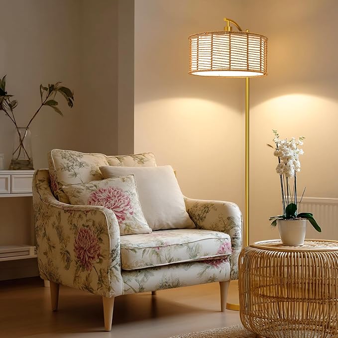 Oneach 62.5'' Gold Arc Floor Lamp for Living Room, Rattan Boho Floor Lamp with Remote and Dimmable Bulb, 3 Color Temperatures, Farmhouse Rustic Modern Standing Lamp for Bedroom Office Corner