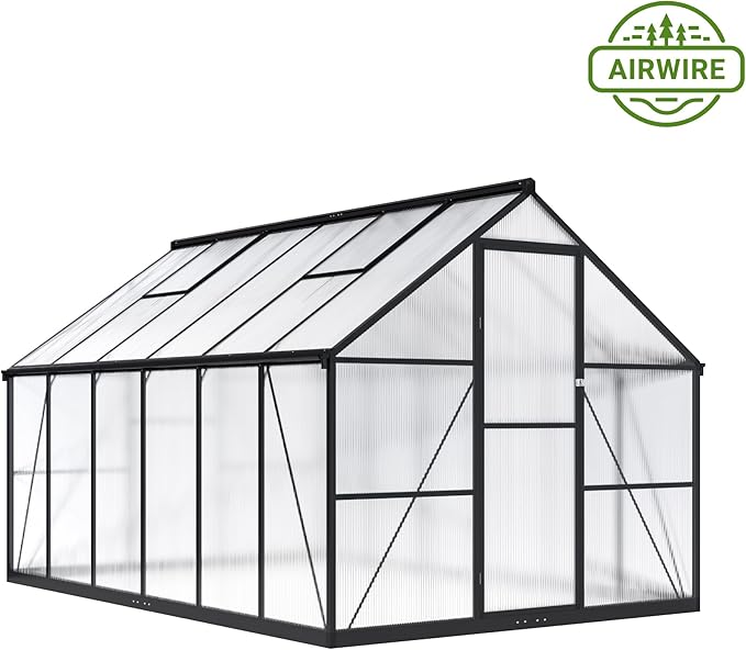 8x12 FT Greenhouse for Outdoors, Quick Setup Polycarbonate Greenhouse with Roof Vent, Aluminum Large Walk-in Green House for Outside Garden Backyard, Black