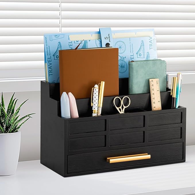 Black Wood Desk Organizer and Accessories with Drawer, Bill Mail Organizer and File Mail Holder for Office Supplies, Rustic Desk Accessories & Workspace Organizers for Desk Organization