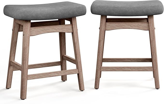 PHI VILLA Farmhouse Bar Stools Set of 2 - Wood Bartools with Upholstered Saddle Seat, 24 inch stools for Kitchen Counter Set of 2