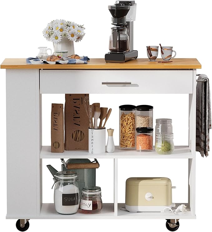 Shintenchi Kitchen Island on Wheels with Storage, Wheeled Island & Cart with 3-Tier Spice Rack, 3 Open Shelves and 1 Drawer, White