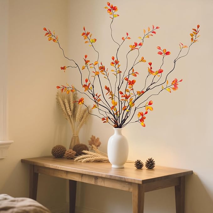 4 Pcs Fall Stems Artificial Ficus Branches, 47.2 Inch Faux Eucalyptus Stems Fall Decor, Fake Leaves Fall Decorations for Home, Autumn Table Decor Fall Branches for Vase Filler Centerpieces