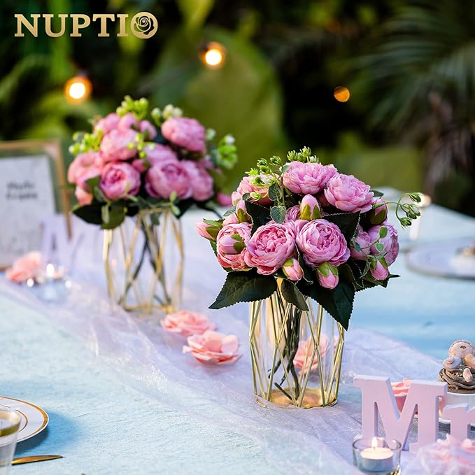 Nuptio Candle Holders for Pillar Candles - Geometric Candleholders Gold Flower Vase with Hurricane Cylinder Glass Dual Uses for Wedding Birthday Party Table Living Room Centerpieces