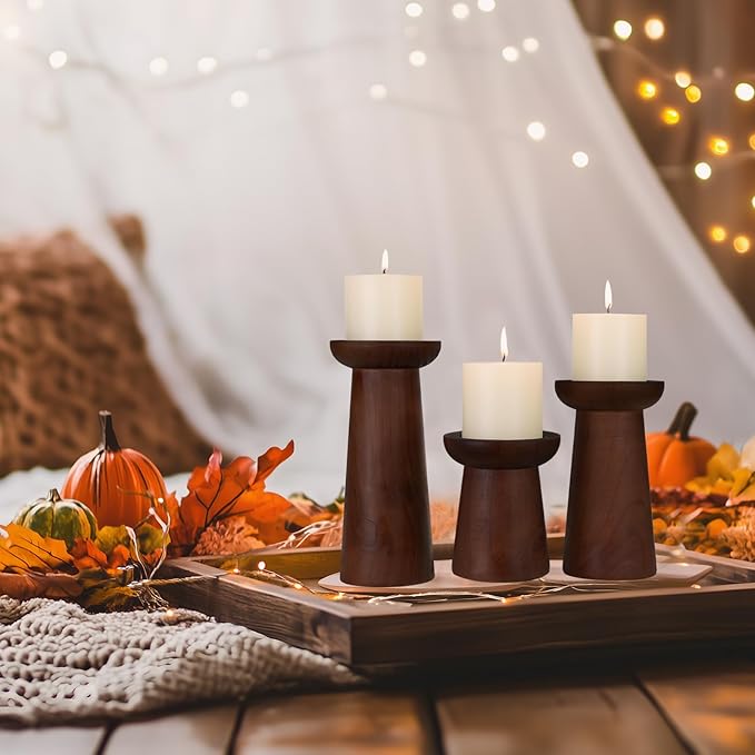 Pillar Candle Holders Set of 3, Wooden Candle Holders, Decorative Wood Candlestick Holders for Living Room, Table Centerpiece for Wedding, Christmas, Party, Home - 4", 6", 8"