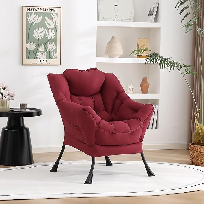 Welnow Lazy Chair for Living Room, Modern Reading Lounge Accent Chair with Armrests and a Side Pocket, Leisure Upholstered Lazy Sofa for Small Space, Bedroom, Dorm, Burgundy