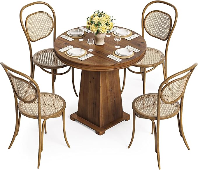 LITTLE TREE Solid Wood Round Dining Table, 31.5" Small Kitchen Table for 2, Modern Farmhouse Dinner Table for Dining Room, Kitchen, Living Room, Artistic Geometric Base (Rustic Brown)