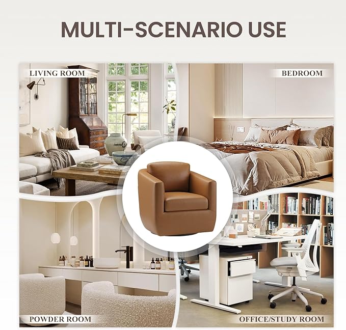 COLAMY 360° Swivel Accent Chair with Pillow, Leather Living Room Armchair No-Sag Foam & Sturdy Metal Base, Fully Assembled Swivel Accent Single Sofa for Bedroom Living Room, Reading Room, Brown