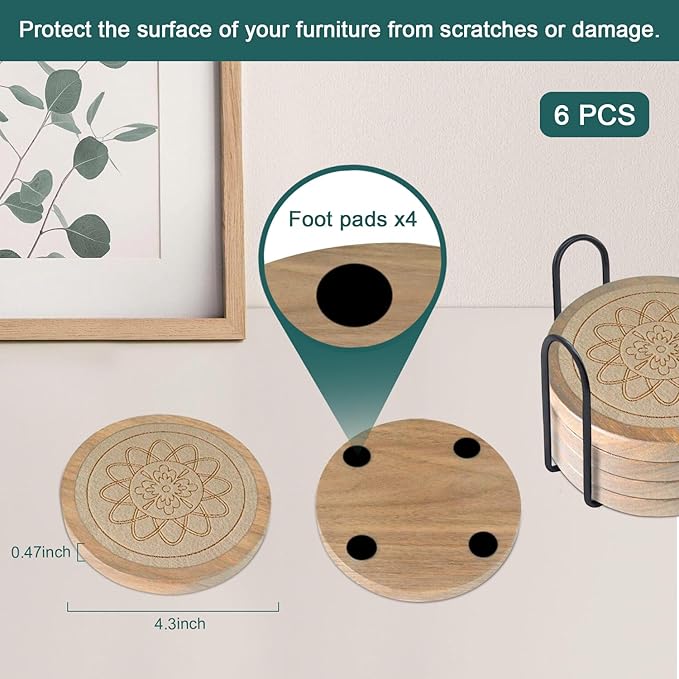 Wood Coasters for Drinks Housewarming Gifts for Home Decoration Coasters Sets of 6 Absorbent Coasters with Holder Funny Coasters for Coffee Tabletop Protection 4.3 Inch Beige, CRB6-B004